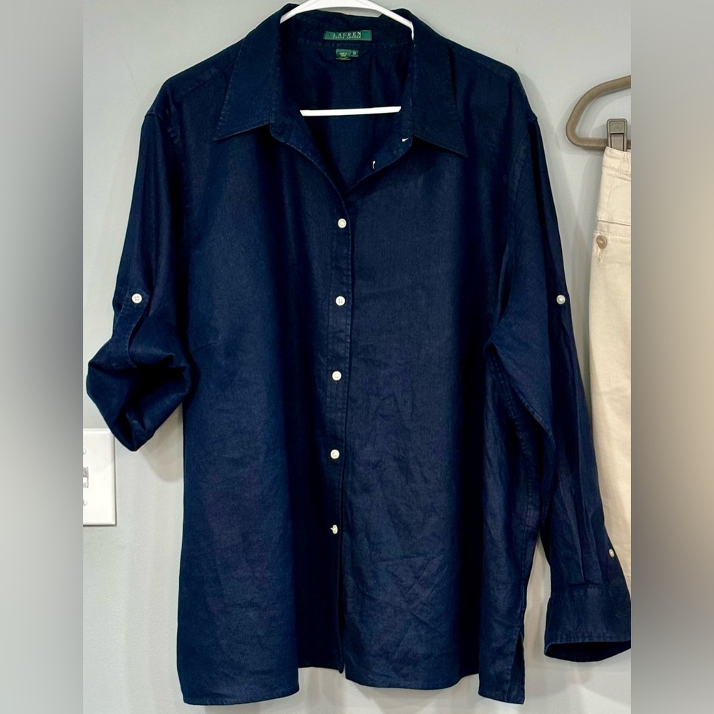 LAUREN by RALPH LAUREN Navy Linen CONVERTIBLE Button Down Blouse Shirt 3X